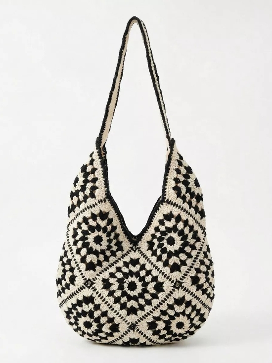 Handbags - Black and Cream Crochet Hobo Bag
